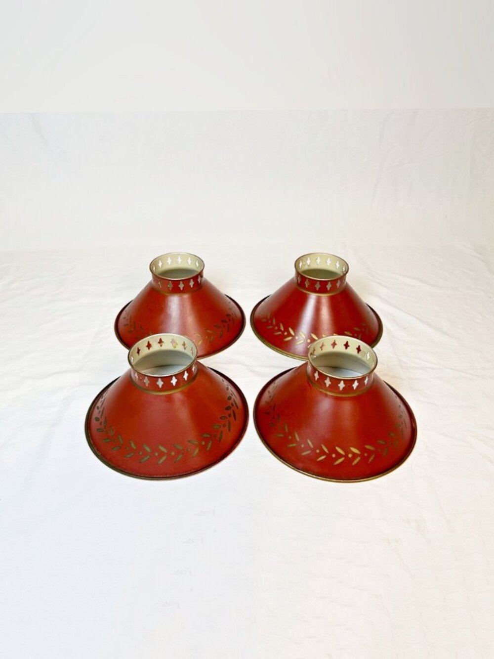 Vintage Set of 4 Maroon Metal Toleware Painted Brass Trim Lamp Shades